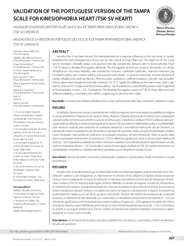 (PDF) Validation of the portuguese version of the tampa scale for ...