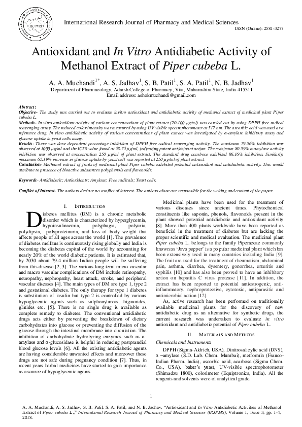 (PDF) Antioxidant and In Vitro Antidiabetic Activity of Methanol ...