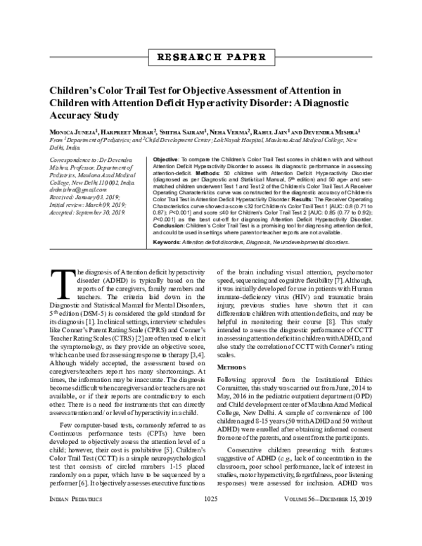 (PDF) Children’s Color Trail Test for Objective Assessment of Attention ...