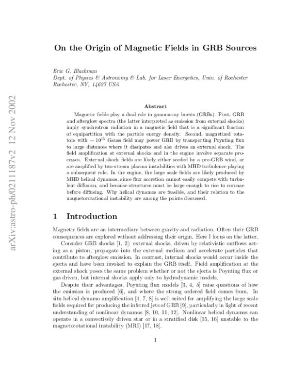 (PDF) On the Origin of Magnetic Fields in GRB Sources