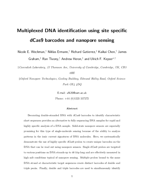 (PDF) Multiplexed DNA Identification Using Site Specific dCas9 Barcodes ...