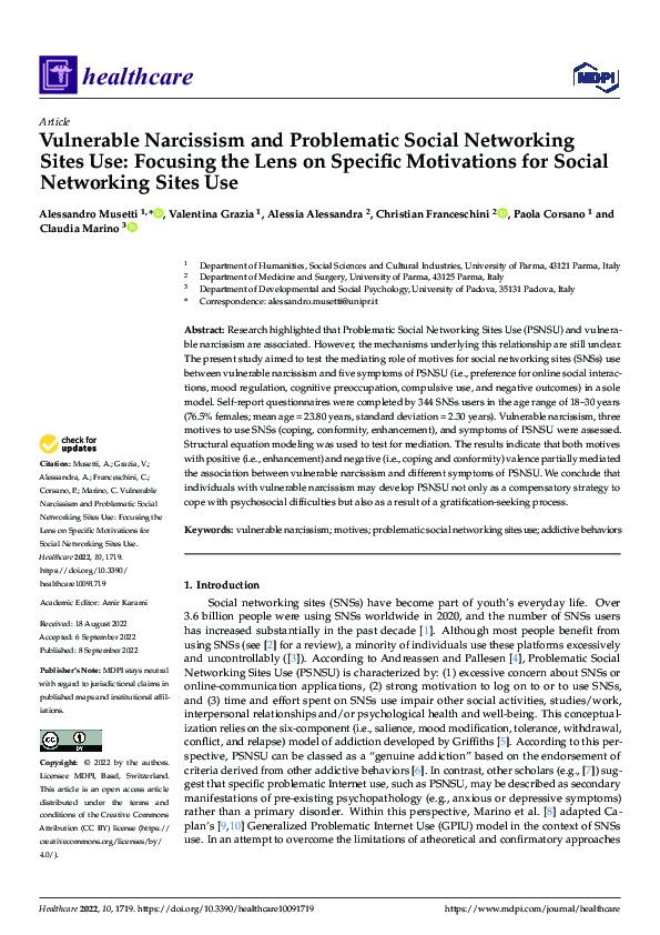 (PDF) Vulnerable Narcissism and Problematic Social Networking Sites Use ...