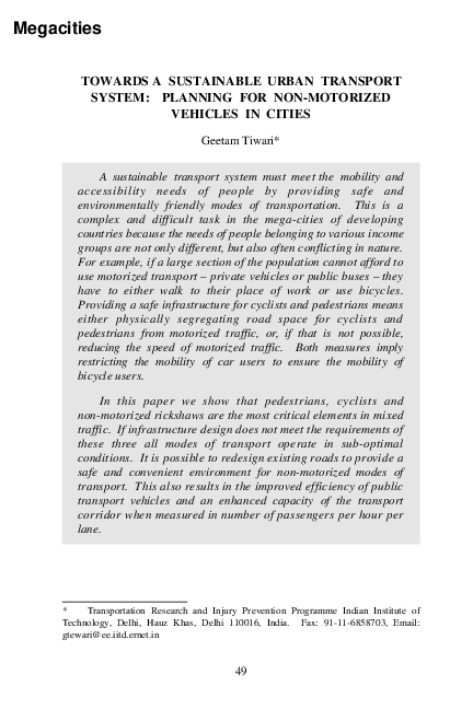(PDF) Towards a sustainable urban transport system: planning for non ...