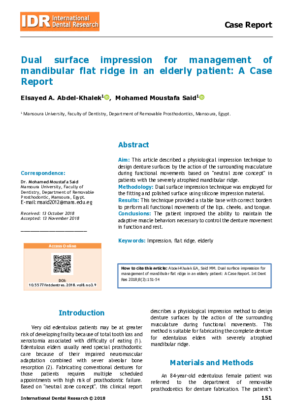 (PDF) Dual surface impression for management of mandibular flat ridge ...