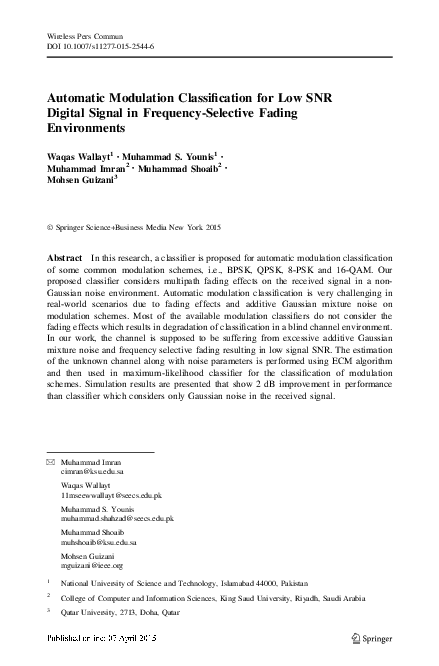(PDF) Automatic Modulation Classification for Low SNR Digital Signal in ...
