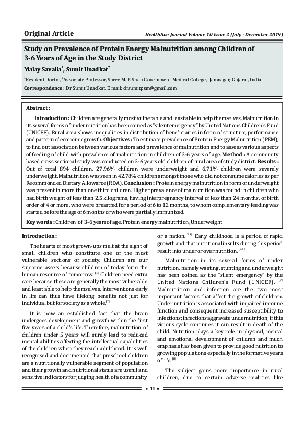 (PDF) Study on Prevalence of Protein Energy Malnutrition among Children ...