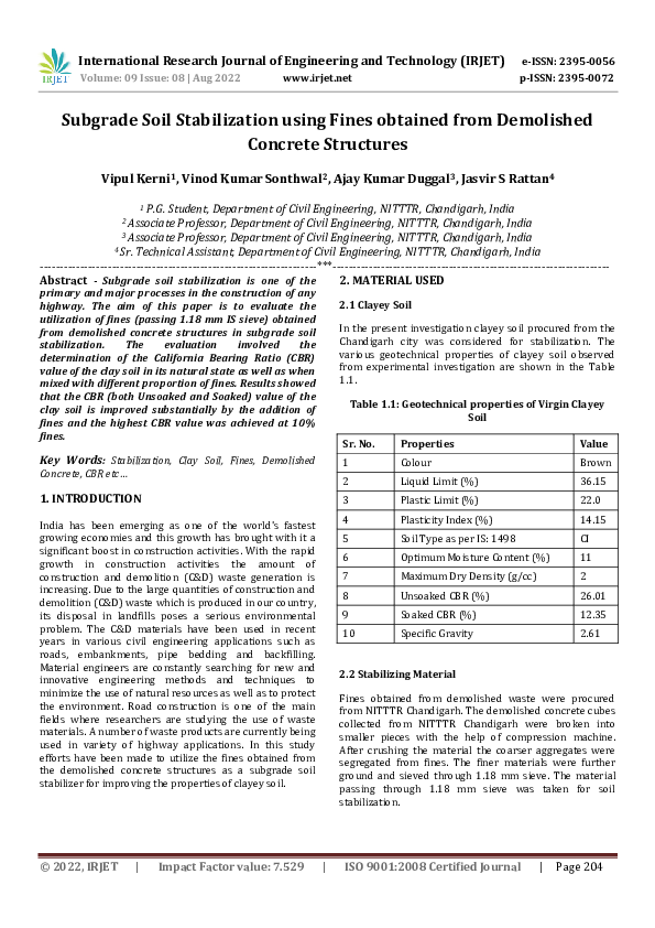 (PDF) Subgrade Soil Stabilization using Fines obtained from Demolished ...