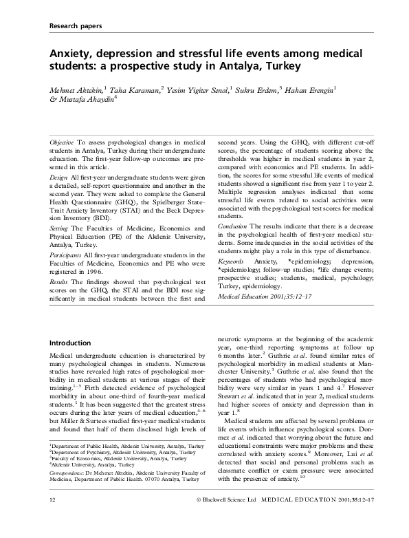 (PDF) Anxiety, depression and stressful life events among medical ...