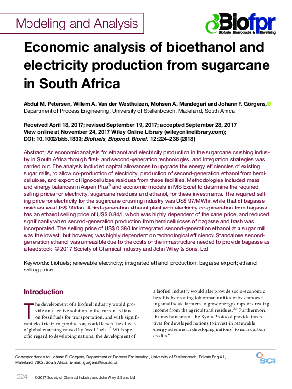 (PDF) Economic analysis of bioethanol and electricity production from ...