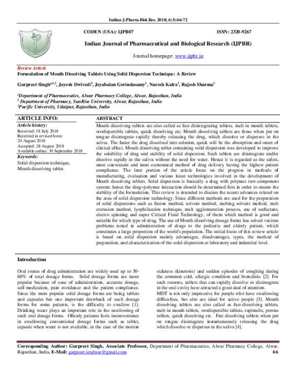 (PDF) Formulation of Mouth Dissolving Tablets Using Solid Dispersion