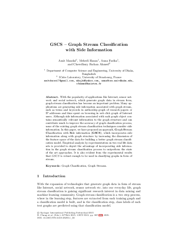 (PDF) GSCS – Graph Stream Classification with Side Information | Md ...