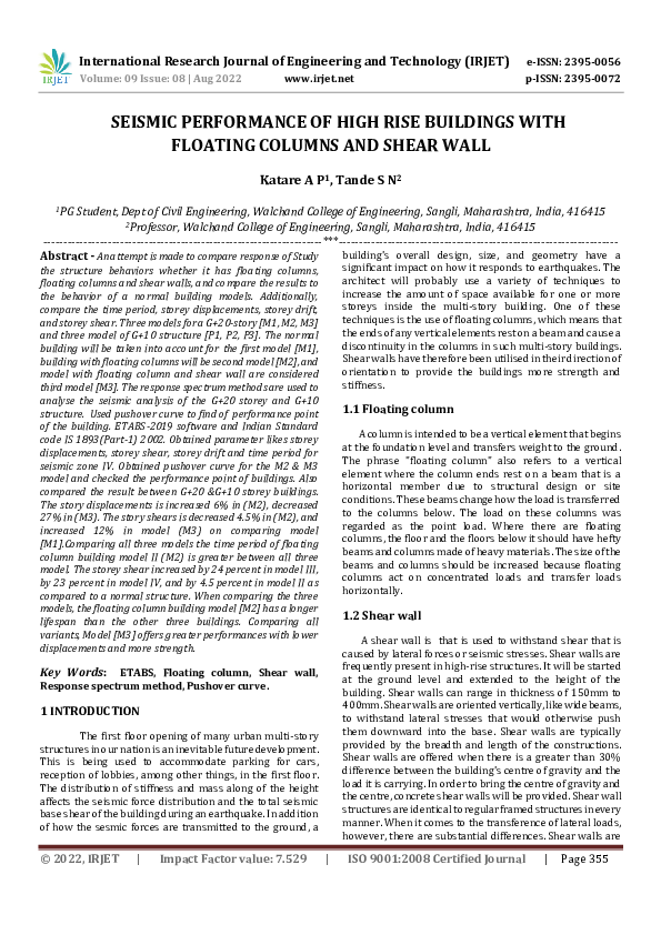 (PDF) SEISMIC PERFORMANCE OF HIGH RISE BUILDINGS WITH FLOATING COLUMNS ...