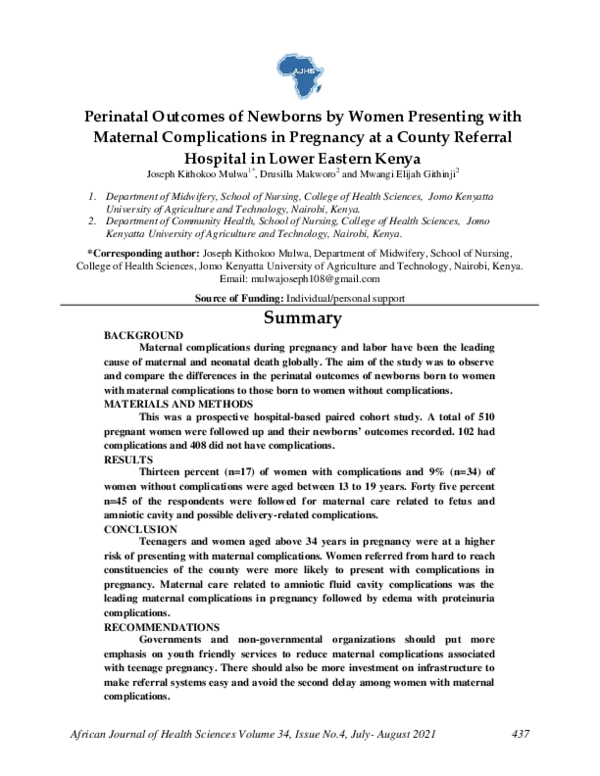 (PDF) Perinatal Outcomes of Newborns by Women Presenting with Maternal ...