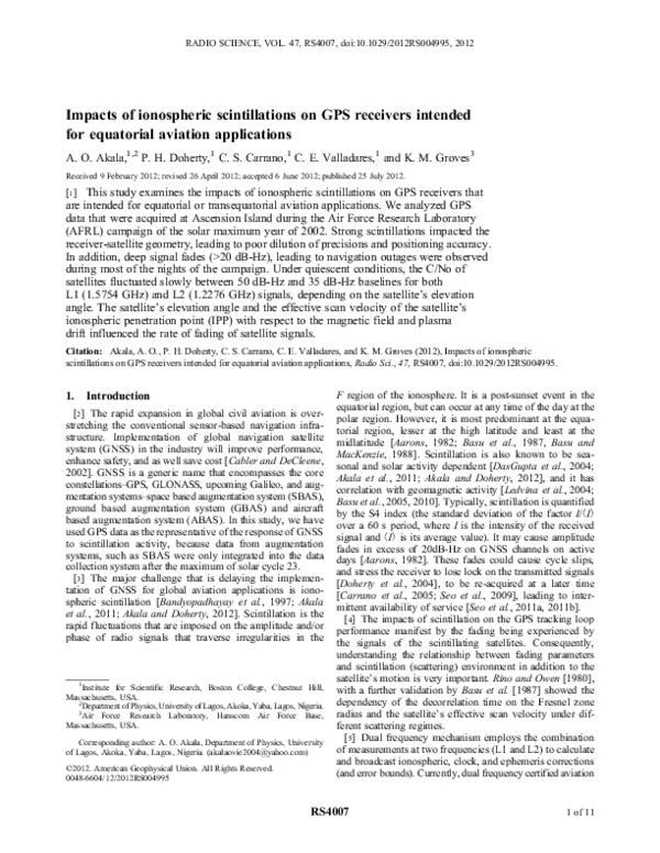 (PDF) Impacts of ionospheric scintillations on GPS receivers intended ...