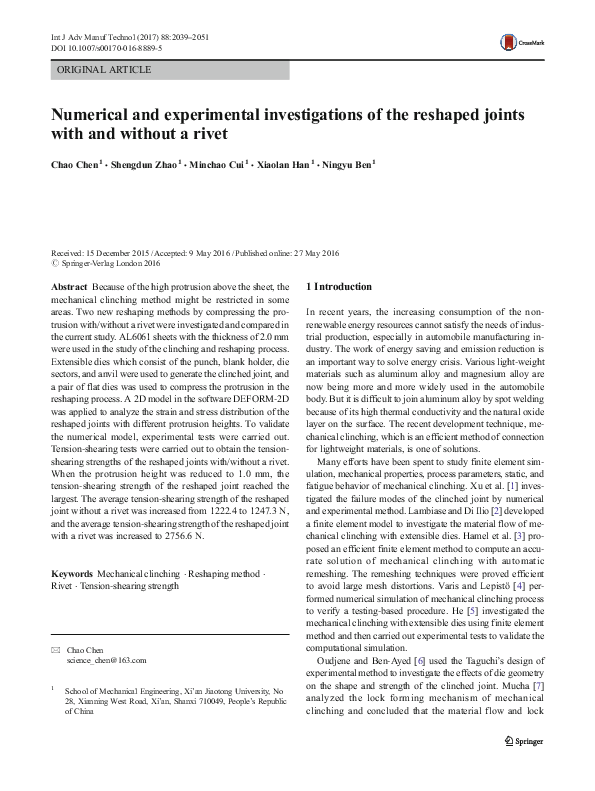 (PDF) Numerical and experimental investigations of the reshaped joints ...