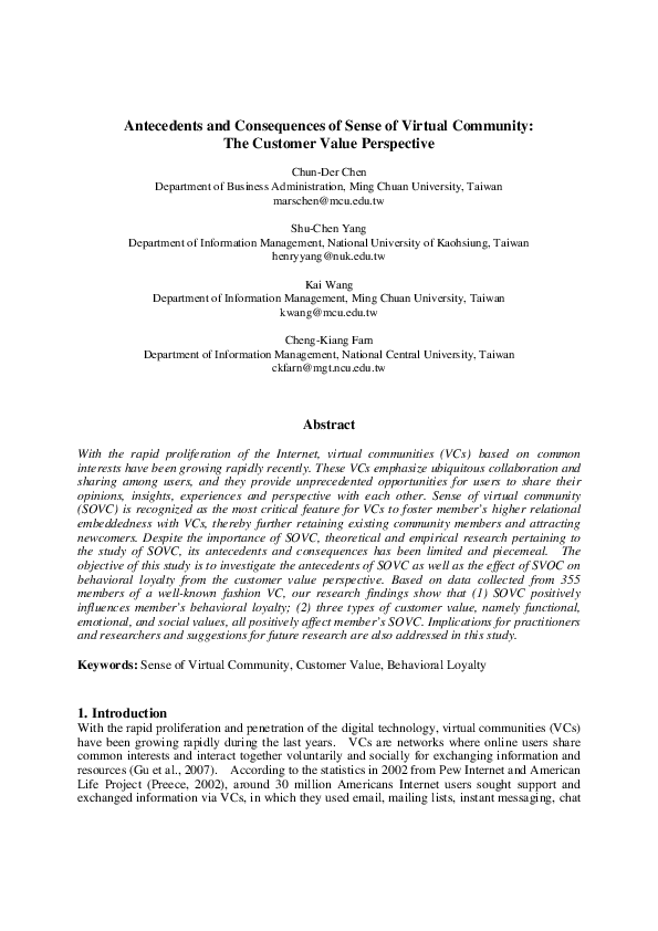 (PDF) Antecedents and Consequences of Sense of Virtual Community: The ...