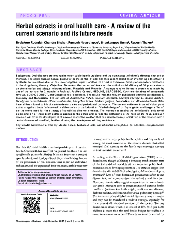 (PDF) Herbal extracts in oral health care - A review of the current ...