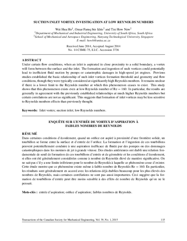 (PDF) Suction Inlet Vortex Investigation at Low Reynolds Numbers