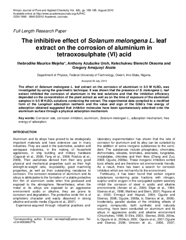 (PDF) The inhibitive effect of Solanum melongena L. leaf extract on the