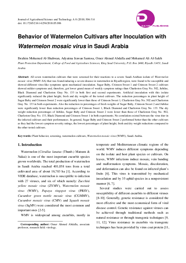 (PDF) Behavior of Watermelon Cultivars after Inoculation with ...