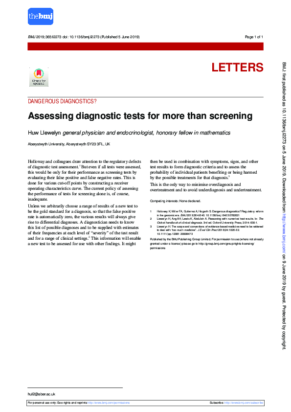 (PDF) Assessing diagnostic tests for more than screening