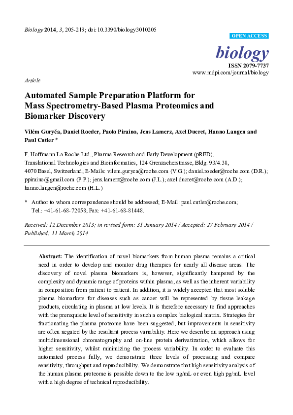 (PDF) Automated Plasma Proteomics for Biomarker Discovery