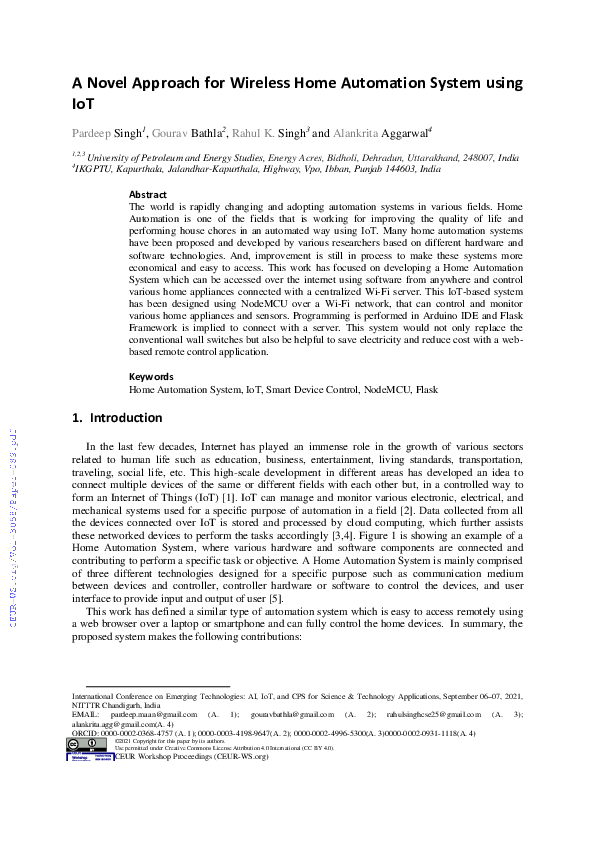 (PDF) A Novel Approach for Wireless Home Automation System using IoT