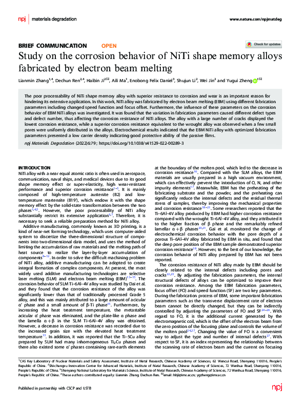 (PDF) Study on the corrosion behavior of NiTi shape memory alloys ...