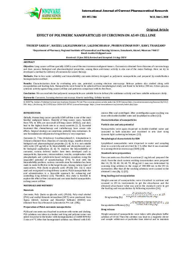 (PDF) Effect of Polymeric Nanoparticles of Curcumin on A549 Cell Line