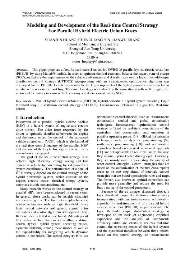 (PDF) Development of the Energy Management Strategy for Parallel Hybrid ...