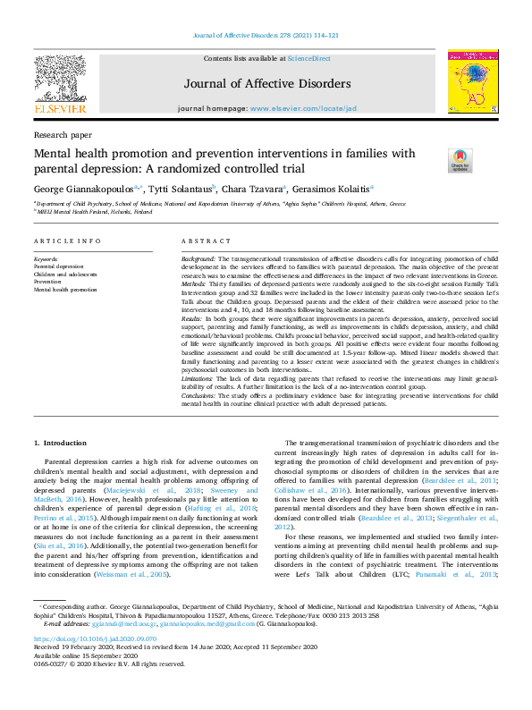 (PDF) Mental health promotion and prevention interventions in families ...