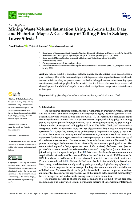 (PDF) Mining Waste Volume Estimation Using Airborne Lidar Data and ...