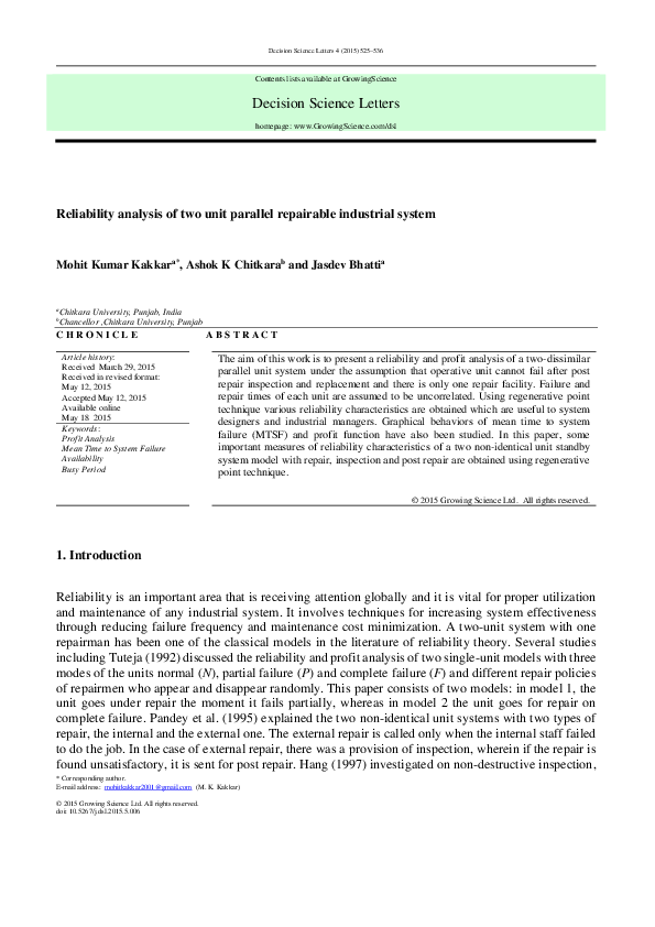 (PDF) Reliability analysis of two unit parallel repairable industrial ...