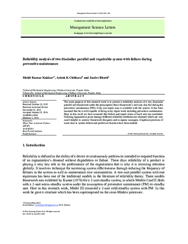 (PDF) Reliability analysis of two dissimilar parallel unit repairable ...