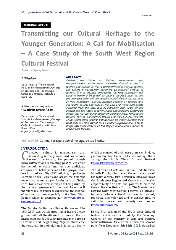 (PDF) Transmitting our Cultural Heritage to the Younger Generation: A ...