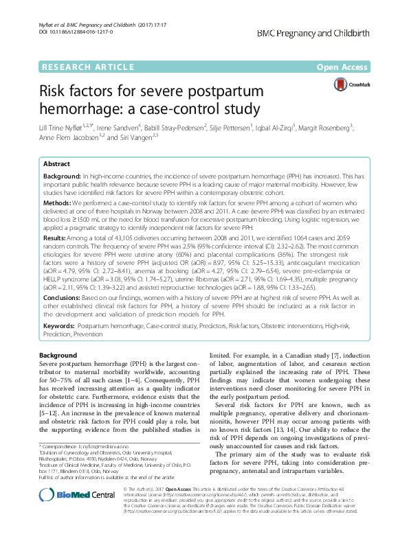 (PDF) Risk factors for severe postpartum hemorrhage: a case-control study