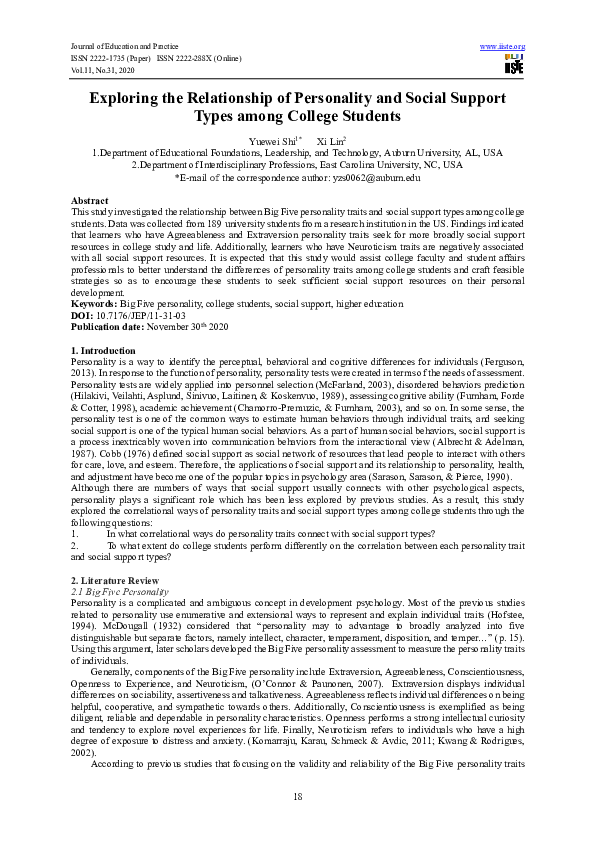 (PDF) Exploring the Relationship of Personality and Social Support ...