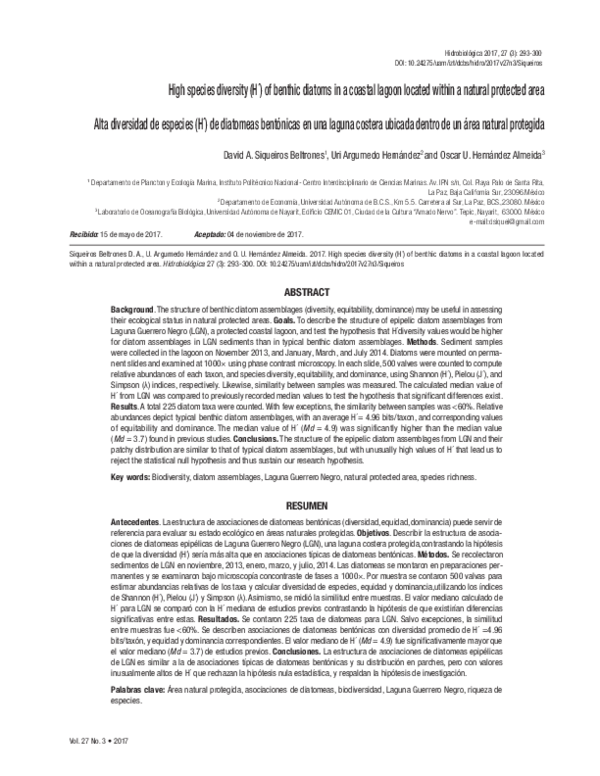 (PDF) High species diversity (H´) of benthic diatoms in a coastal ...