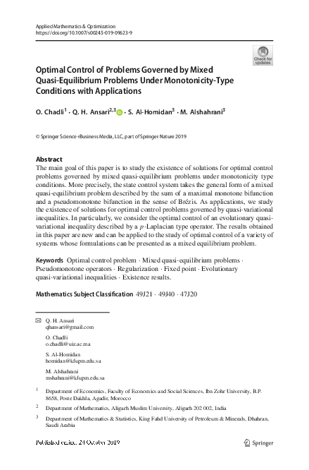 (PDF) Optimal Control of Problems Governed by Mixed Quasi-Equilibrium ...