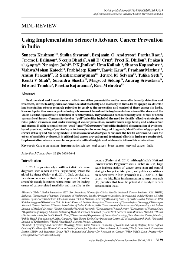 (PDF) Using Implementation Science to Advance Cancer Prevention in India
