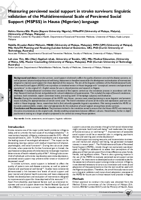 (PDF) Measuring percieved social support in stroke survivors ...