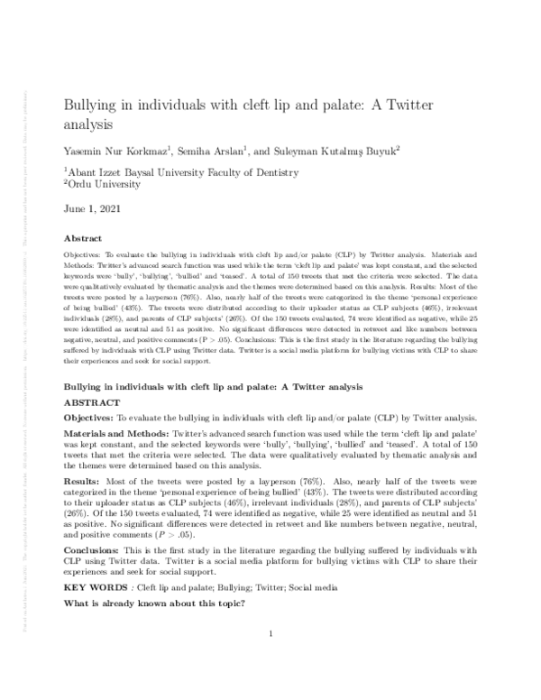 (PDF) Bullying in individuals with cleft lip and palate: A Twitter analysis