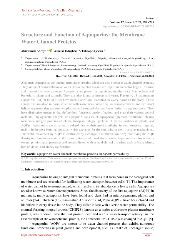 (PDF) Structure and Function of Aquaporins: the Membrane Water Channel ...