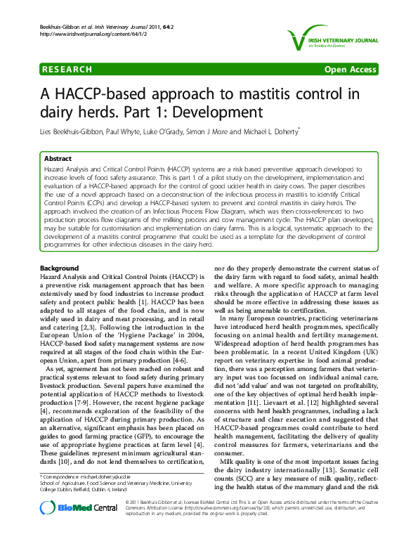 (PDF) A HACCP-based approach to mastitis control in dairy herds. Part 1 ...