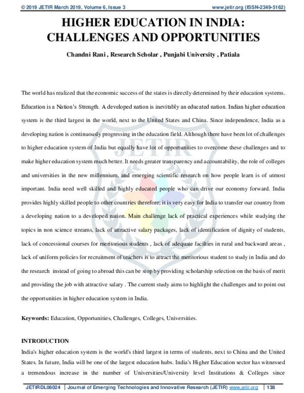 (PDF) Higher Education in India : Challenges and Opportunities