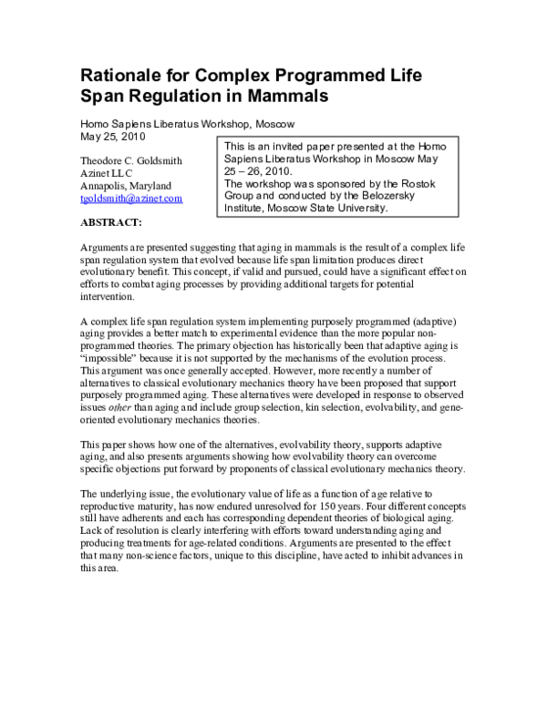 (PDF) Rationale for Complex Programmed Life Span Regulation in Mammals