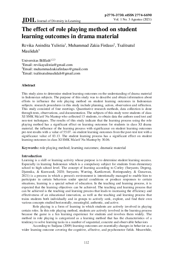 (PDF) The effect of role playing method on student learning outcomes in ...