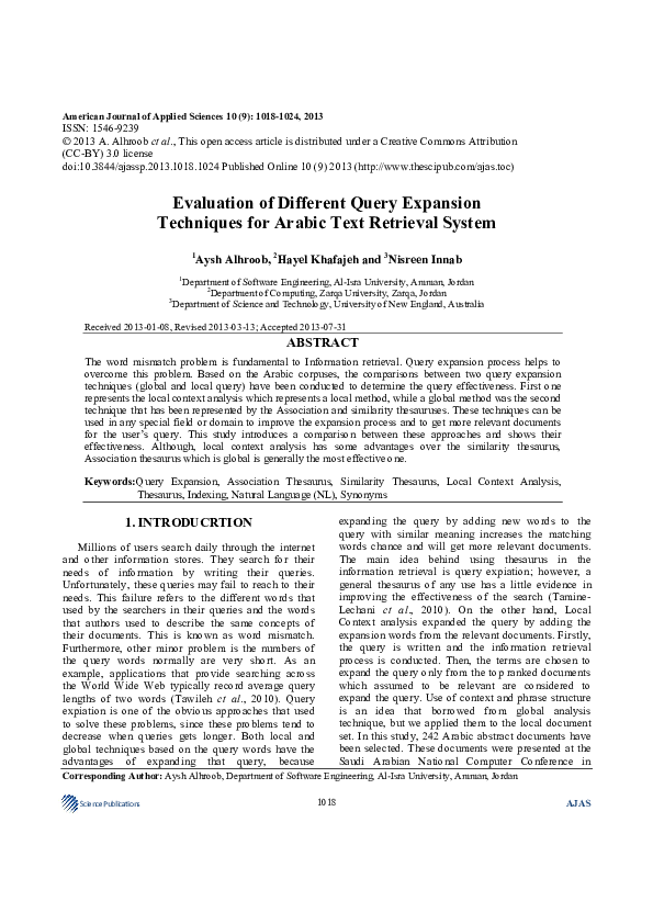 (PDF) Evaluation of Different Query Expansion Techniques for Arabic ...