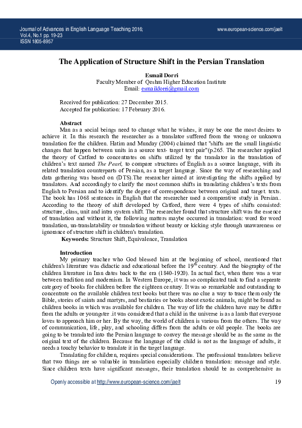 (PDF) The Application of Structure Shift in the Persian Translation