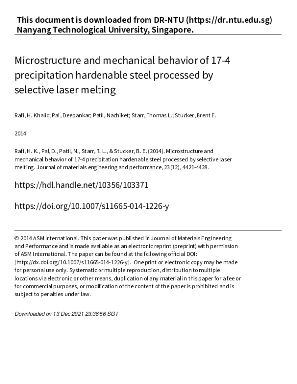 (PDF) Microstructure and Mechanical Behavior of 17-4 Precipitation ...